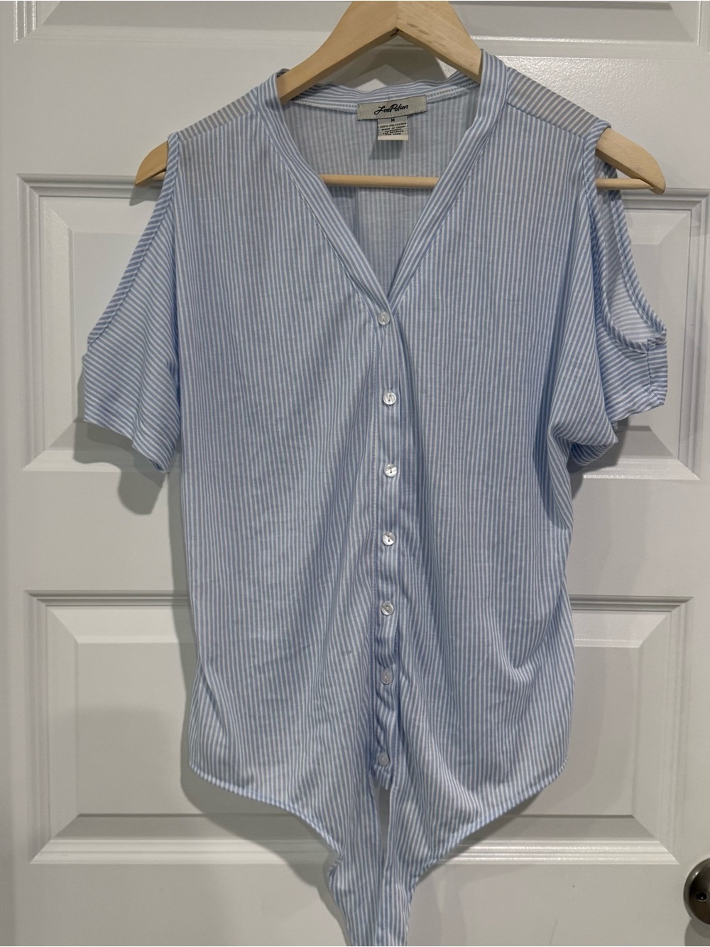 Love Potion Blue White Striped Cold Shoulder Tie Front Top Medium